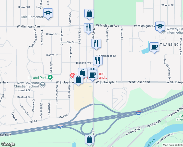 map of restaurants, bars, coffee shops, grocery stores, and more near in Ingham County