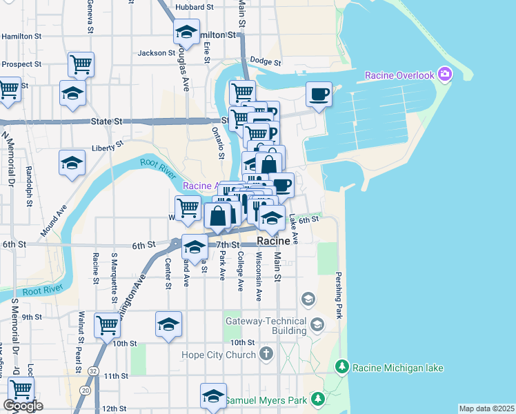 map of restaurants, bars, coffee shops, grocery stores, and more near 500 Wisconsin Avenue in Racine