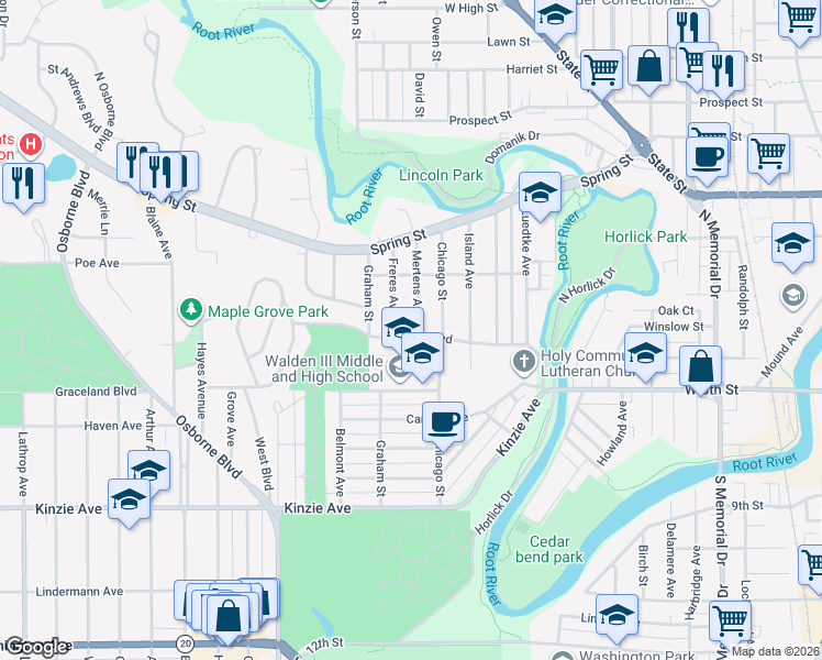 map of restaurants, bars, coffee shops, grocery stores, and more near 425 Freres Avenue in Racine