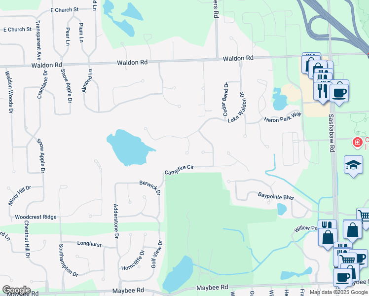map of restaurants, bars, coffee shops, grocery stores, and more near 6195 Mallard Court in Village of Clarkston