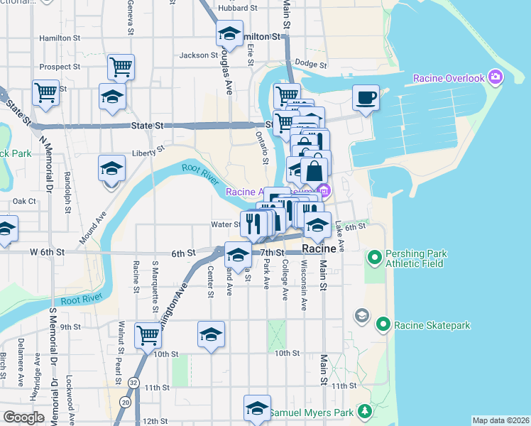 map of restaurants, bars, coffee shops, grocery stores, and more near 481 Water Street in Racine