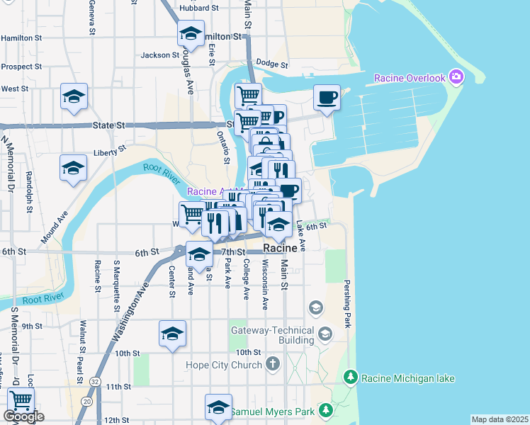 map of restaurants, bars, coffee shops, grocery stores, and more near 500 Main Street in Racine