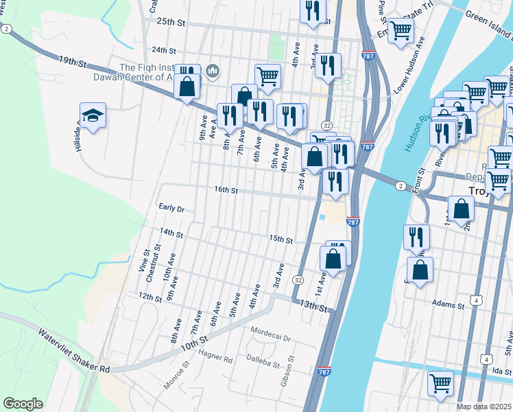 map of restaurants, bars, coffee shops, grocery stores, and more near 1530 6th Avenue in Watervliet