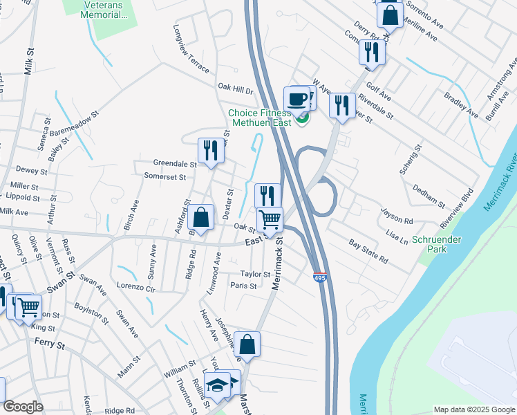 map of restaurants, bars, coffee shops, grocery stores, and more near 21 Oak Street in Methuen