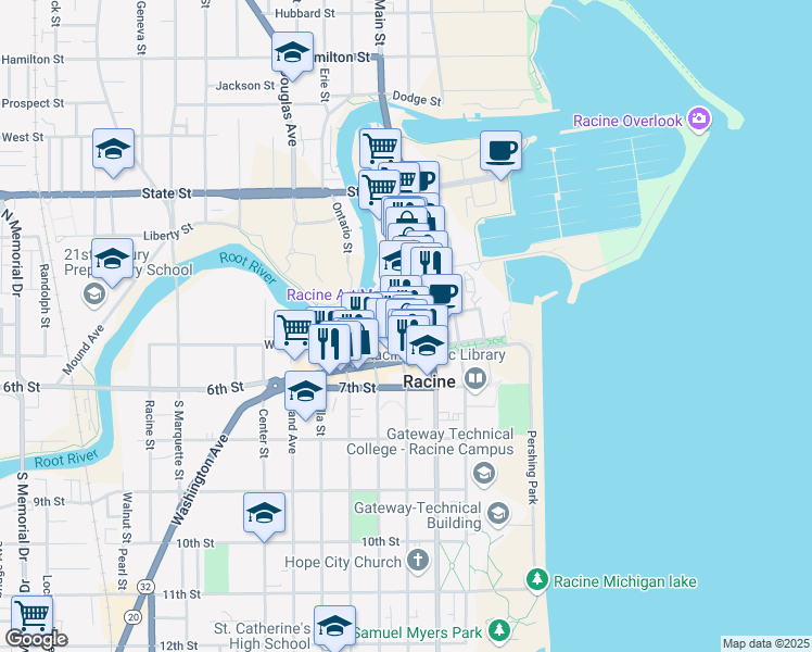 map of restaurants, bars, coffee shops, grocery stores, and more near 500 Main Street in Racine