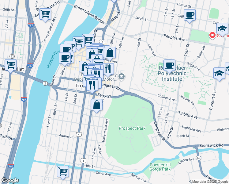 map of restaurants, bars, coffee shops, grocery stores, and more near 1521 6th Avenue in Troy