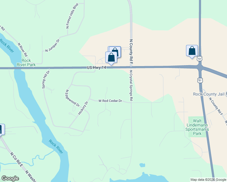 map of restaurants, bars, coffee shops, grocery stores, and more near 3708 North Cedar Ridge Drive in Janesville