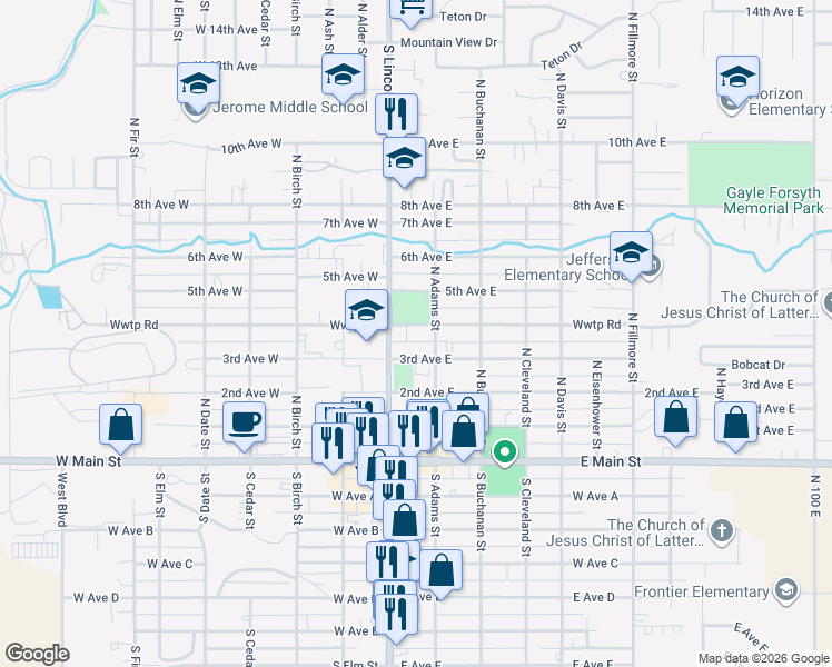 map of restaurants, bars, coffee shops, grocery stores, and more near 117 4th Avenue West in Jerome