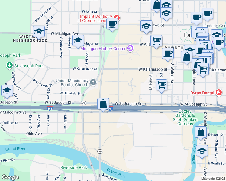 map of restaurants, bars, coffee shops, grocery stores, and more near 914 West Hillsdale Street in Lansing