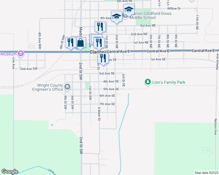 map of restaurants, bars, coffee shops, grocery stores, and more near 200-298 5th Avenue Southeast in Clarion