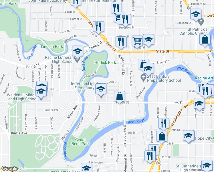 map of restaurants, bars, coffee shops, grocery stores, and more near 499 Jones Street in Racine