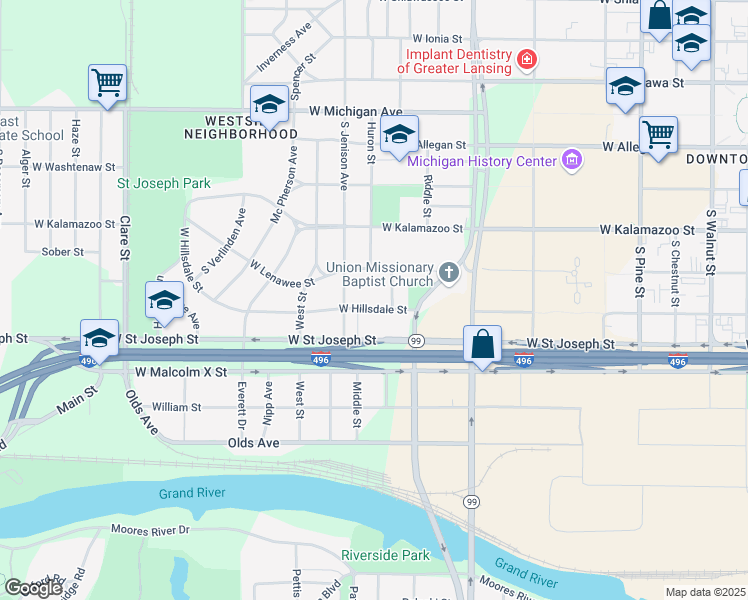 map of restaurants, bars, coffee shops, grocery stores, and more near 1316 W Hillsdale St in Lansing
