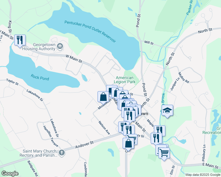 map of restaurants, bars, coffee shops, grocery stores, and more near 82 West Main Street in Georgetown