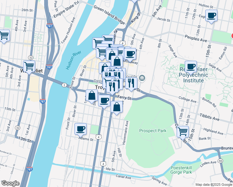 map of restaurants, bars, coffee shops, grocery stores, and more near 105 Ferry Street in Troy