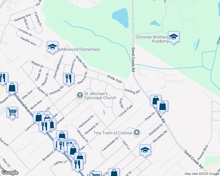 map of restaurants, bars, coffee shops, grocery stores, and more near 25 Stirrup Drive in Colonie