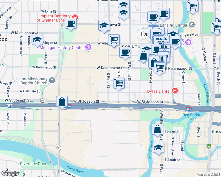 map of restaurants, bars, coffee shops, grocery stores, and more near 516 West Hillsdale Street in Lansing