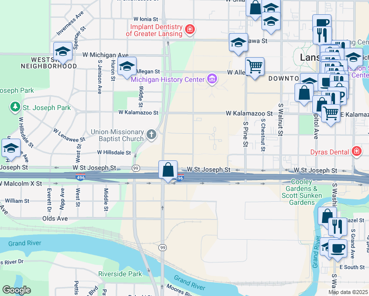 map of restaurants, bars, coffee shops, grocery stores, and more near 914 West Hillsdale Street in Lansing