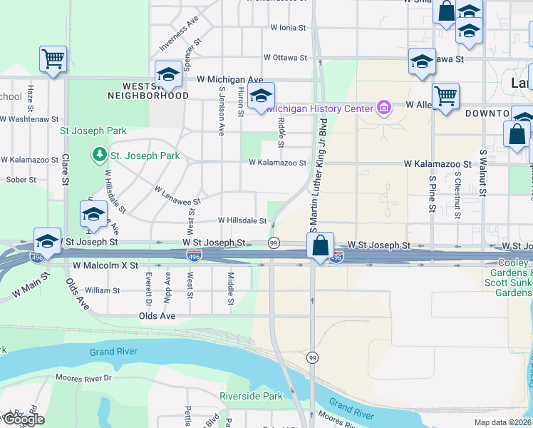 map of restaurants, bars, coffee shops, grocery stores, and more near 1220 West Hillsdale Street in Lansing