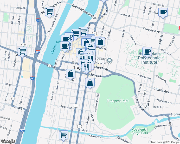 map of restaurants, bars, coffee shops, grocery stores, and more near 105 Ferry Street in Troy