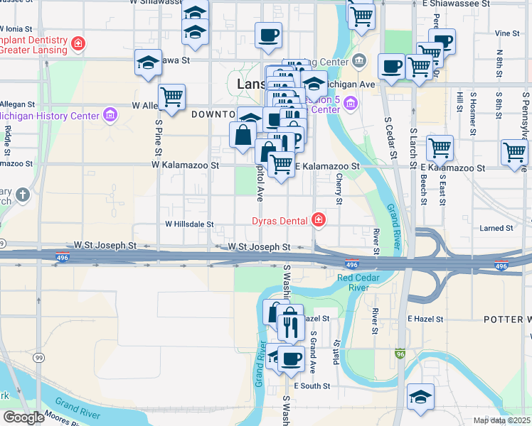 map of restaurants, bars, coffee shops, grocery stores, and more near 535 North Capitol Avenue in Lansing