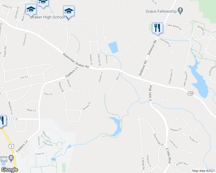 map of restaurants, bars, coffee shops, grocery stores, and more near 11 Elks Lane in Latham