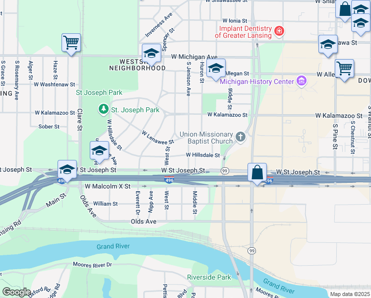 map of restaurants, bars, coffee shops, grocery stores, and more near 602 South Jenison Avenue in Lansing