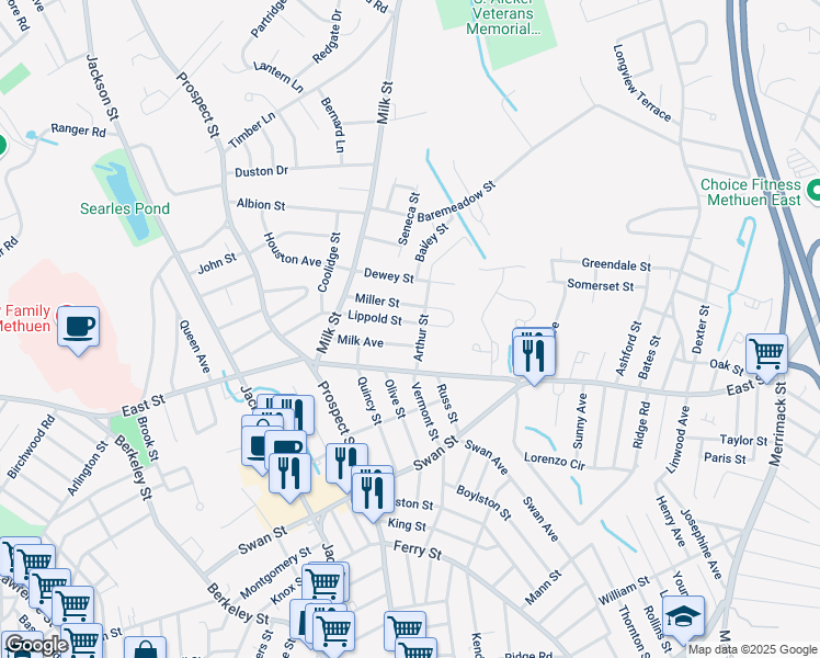 map of restaurants, bars, coffee shops, grocery stores, and more near 37 Milk Avenue in Methuen