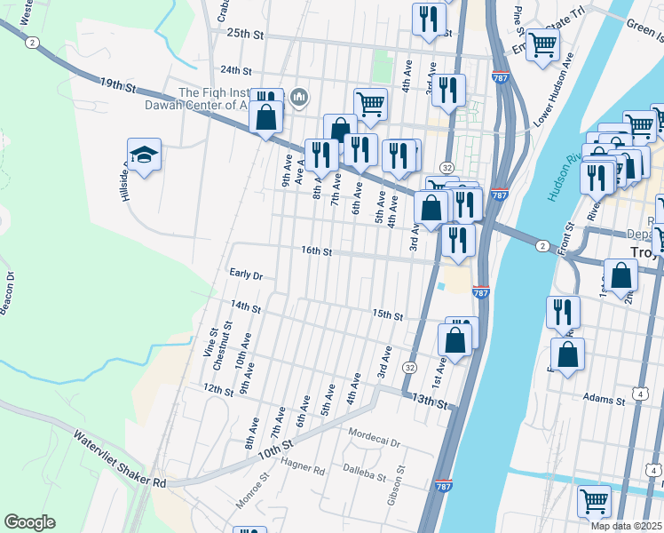 map of restaurants, bars, coffee shops, grocery stores, and more near 1530 7th Avenue in Watervliet
