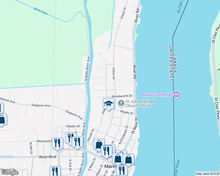 map of restaurants, bars, coffee shops, grocery stores, and more near 407 Mable Road in Marine City