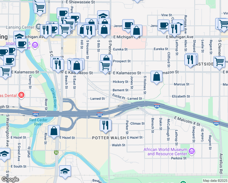 map of restaurants, bars, coffee shops, grocery stores, and more near 1021 Euclid Place in Lansing