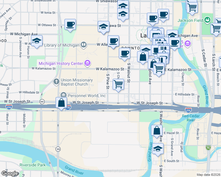 map of restaurants, bars, coffee shops, grocery stores, and more near 516 West Hillsdale Street in Lansing