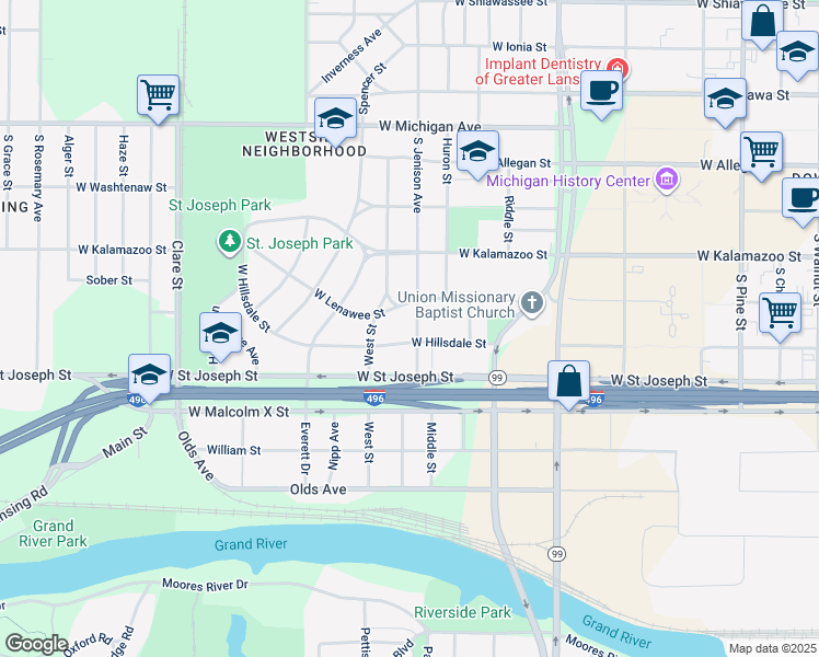 map of restaurants, bars, coffee shops, grocery stores, and more near 602 South Jenison Avenue in Lansing