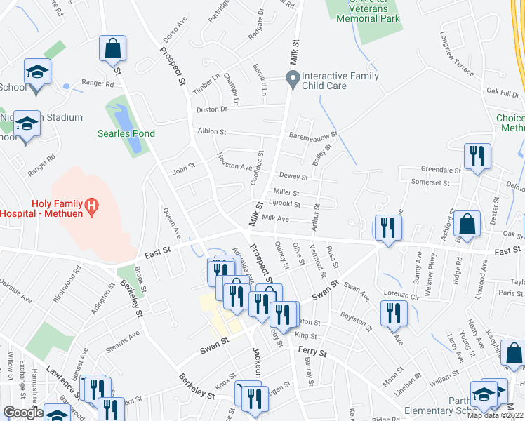 map of restaurants, bars, coffee shops, grocery stores, and more near 13 Milk Street in Methuen