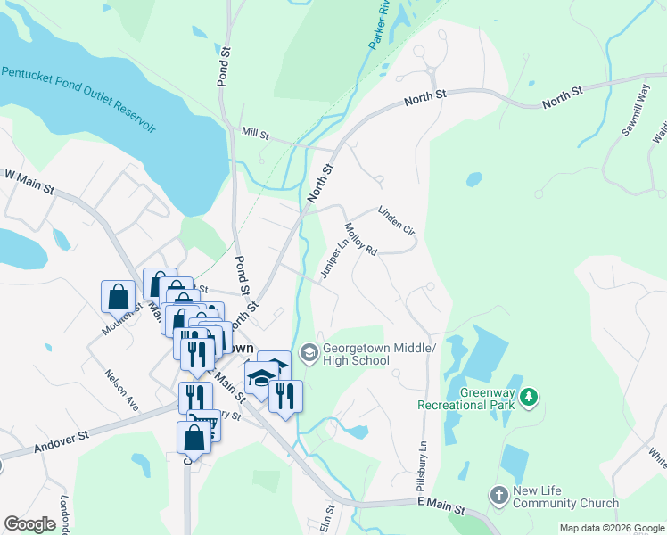 map of restaurants, bars, coffee shops, grocery stores, and more near 28 Summer Street in Georgetown