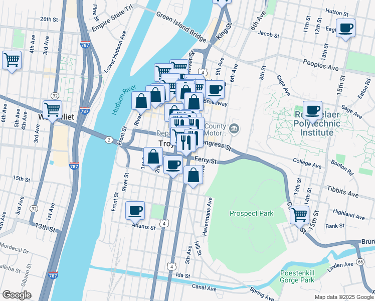 map of restaurants, bars, coffee shops, grocery stores, and more near 149 4th Street in Troy