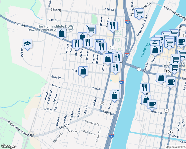 map of restaurants, bars, coffee shops, grocery stores, and more near 1548 4th Avenue in Watervliet