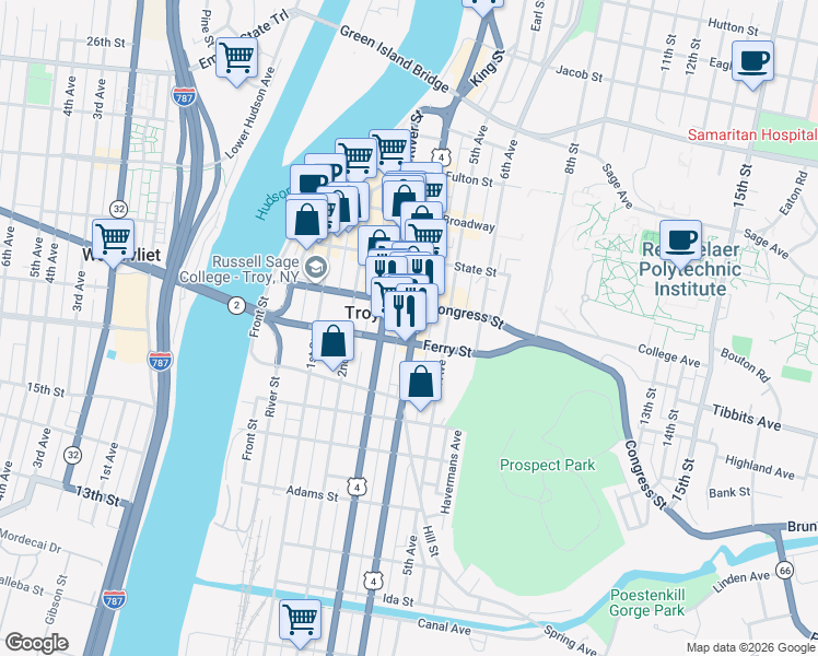 map of restaurants, bars, coffee shops, grocery stores, and more near 82 Ferry Street in Troy