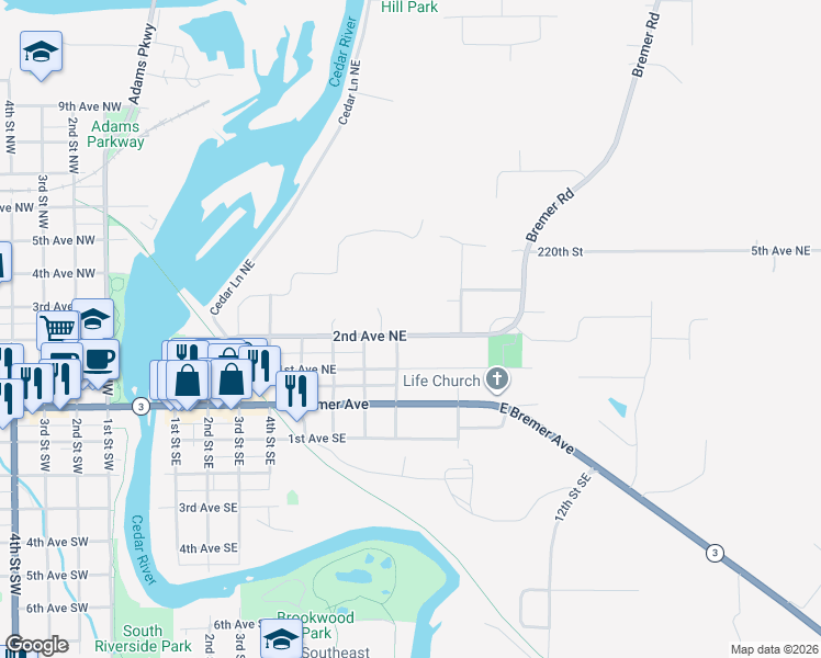map of restaurants, bars, coffee shops, grocery stores, and more near 814 2nd Avenue Northeast in Waverly