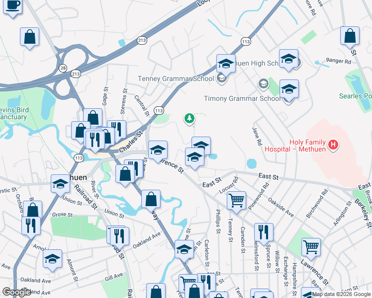 map of restaurants, bars, coffee shops, grocery stores, and more near in Methuen