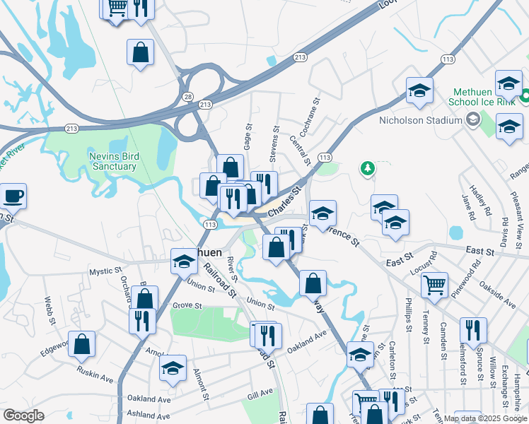 map of restaurants, bars, coffee shops, grocery stores, and more near 271 Broadway in Methuen