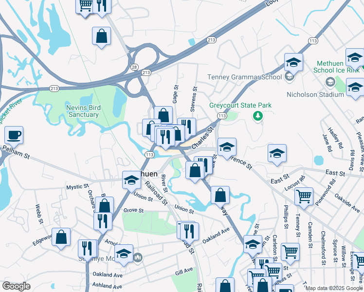 map of restaurants, bars, coffee shops, grocery stores, and more near 271 Broadway in Methuen