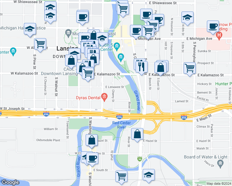 map of restaurants, bars, coffee shops, grocery stores, and more near 533 Cherry Street in Lansing