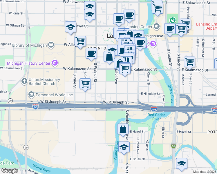 map of restaurants, bars, coffee shops, grocery stores, and more near 216 West Hillsdale Street in Lansing