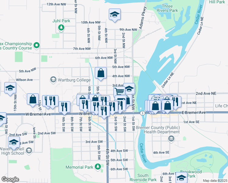 map of restaurants, bars, coffee shops, grocery stores, and more near 301-399 2nd Avenue Northwest in Waverly