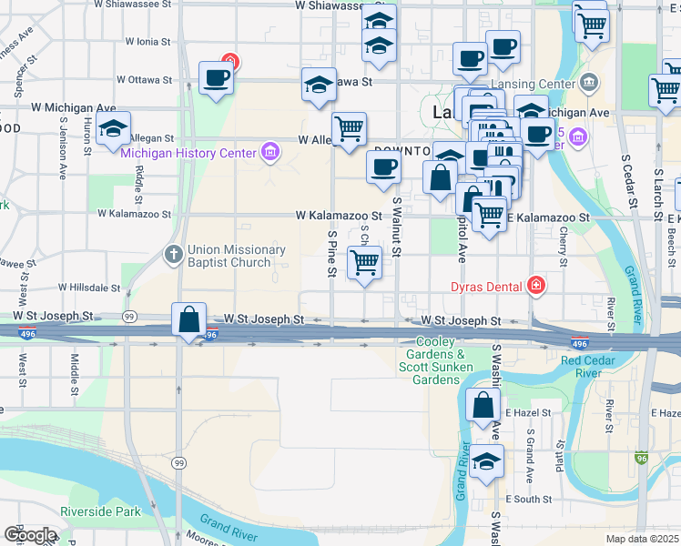 map of restaurants, bars, coffee shops, grocery stores, and more near 519 South Pine Street in Lansing