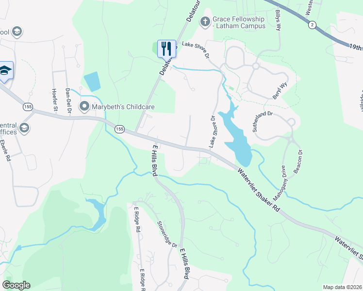 map of restaurants, bars, coffee shops, grocery stores, and more near 343 Watervliet Shaker Road in Watervliet