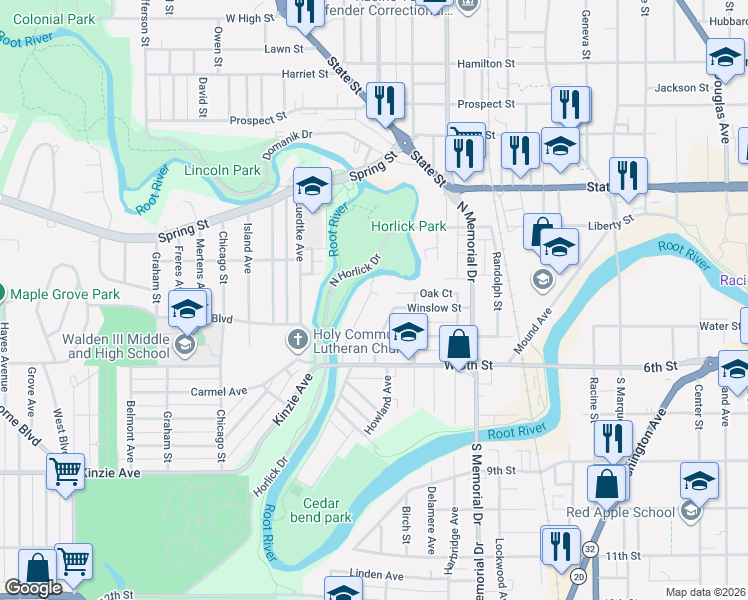 map of restaurants, bars, coffee shops, grocery stores, and more near 424 Parkview Drive in Racine