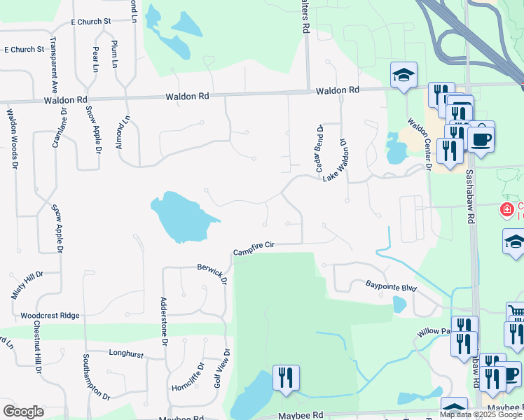 map of restaurants, bars, coffee shops, grocery stores, and more near 6195 Mallard Court in Clarkston