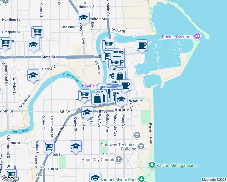 map of restaurants, bars, coffee shops, grocery stores, and more near 500 Wisconsin Avenue in Racine