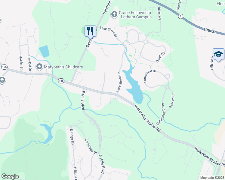 map of restaurants, bars, coffee shops, grocery stores, and more near 332 Watervliet Shaker Road in Watervliet